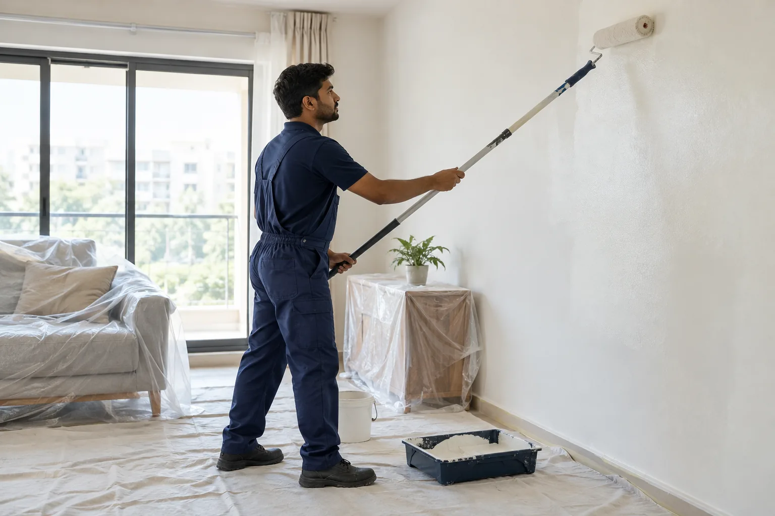 Professional painter applying paint with a roller