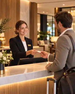 Hotel receptionist welcoming and speaking with guests at the front desk, illustrative guest check-in scene
